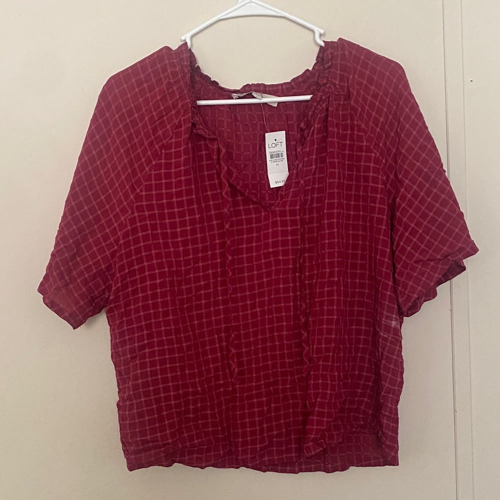 LOFT Burgundy Checkered Blouse